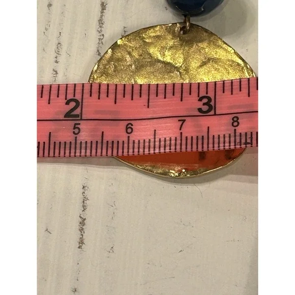 Kenneth Jay Lane Hammered Gold Medallion & Blue Agate Pierce Wire Earring Signed - Picture 12 of 13